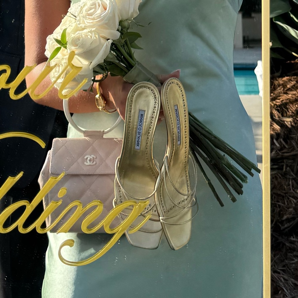 Manolo Blahnik Metallic Gold Strappy Kitten Heel Sandals - Picture 6 of 12